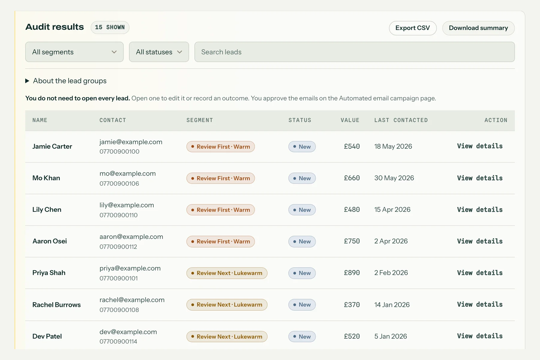Actual LRD lead table with segment and status filters, search, and seven example contacts showing segment, status, value, last contacted date and a View details action.