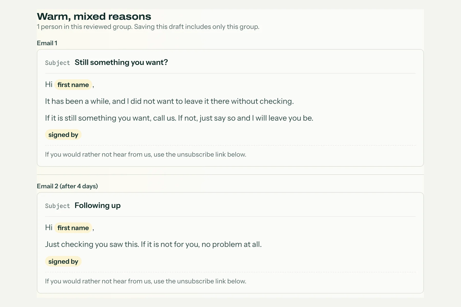 Actual LRD campaign draft for a reviewed group: Email 1 and Email 2, each shown as an email with its subject, body, merge fields as labelled chips such as first name, and the unsubscribe line.